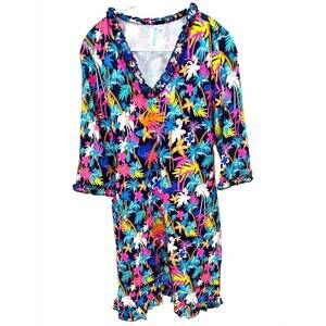 NEW BEACHTIME women's ruffle v-neck and hem palm tree print dress in multi brigh